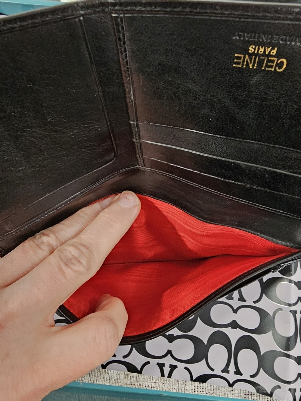 Vintage Celine Paris Black Leather Long Bifold Wallet with RED LINING 😍 - Picture 7 of 12
